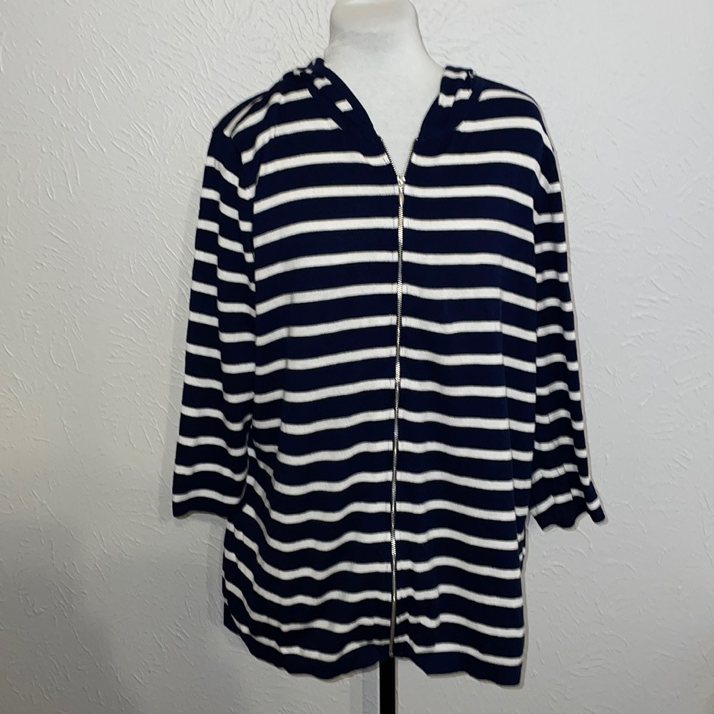Chicos Blue Stripped Full Zip Knot Hoodie Large
